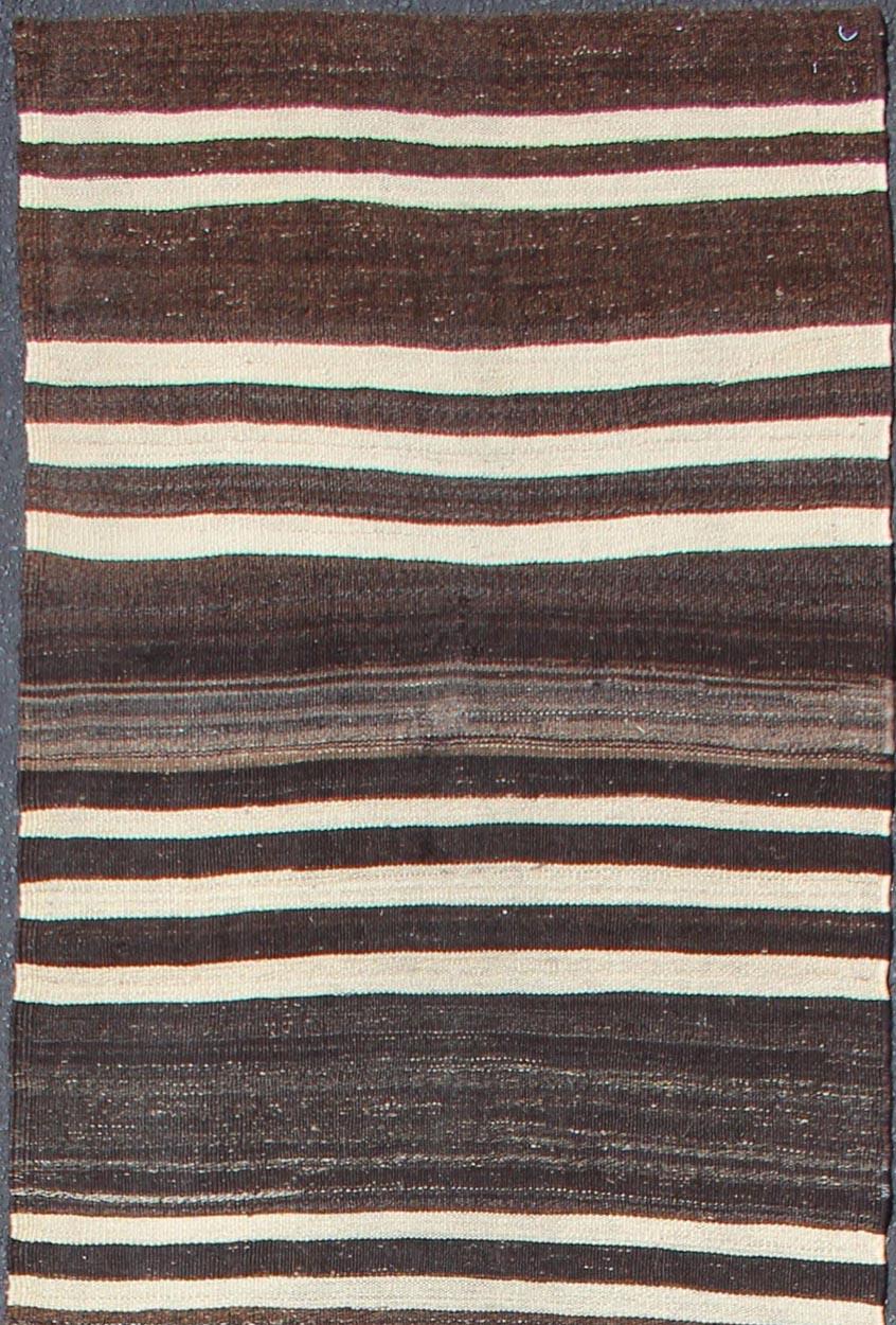 Turkish Vintage Kilim Runner with Shades of Brown and Ivory Stripe Modern Design In Good Condition For Sale In Atlanta, GA