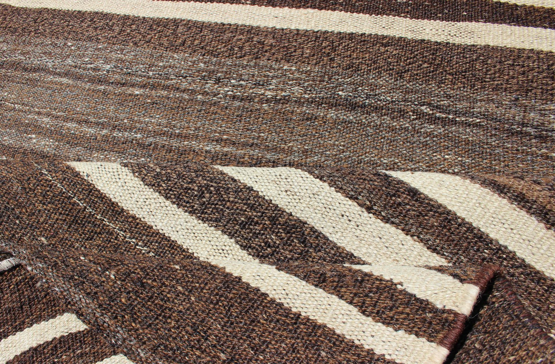 Mid-20th Century Turkish Vintage Kilim Runner with Shades of Brown and Ivory Stripe Modern Design For Sale