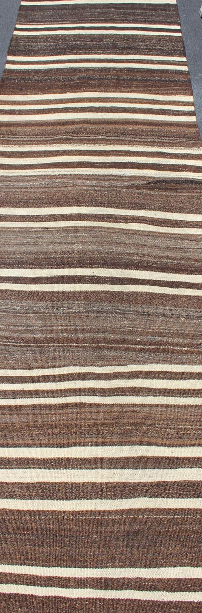 Turkish Vintage Kilim Runner with Shades of Brown and Ivory Stripe Modern Design For Sale 2