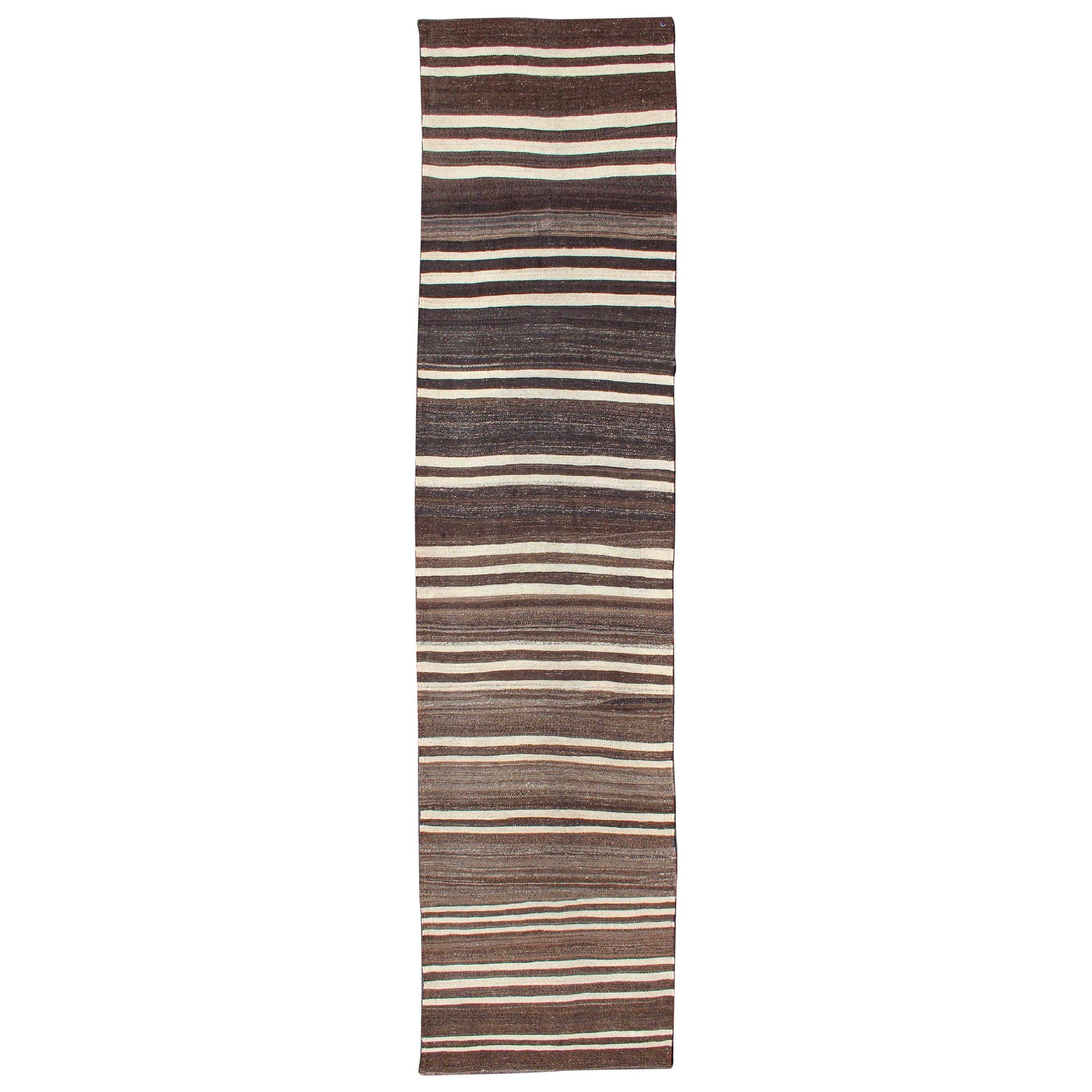 Turkish Vintage Kilim Runner with Shades of Brown and Ivory Stripe Modern Design For Sale