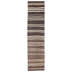 Turkish Retro Kilim Runner with Shades of Brown and Ivory Stripe Modern Design