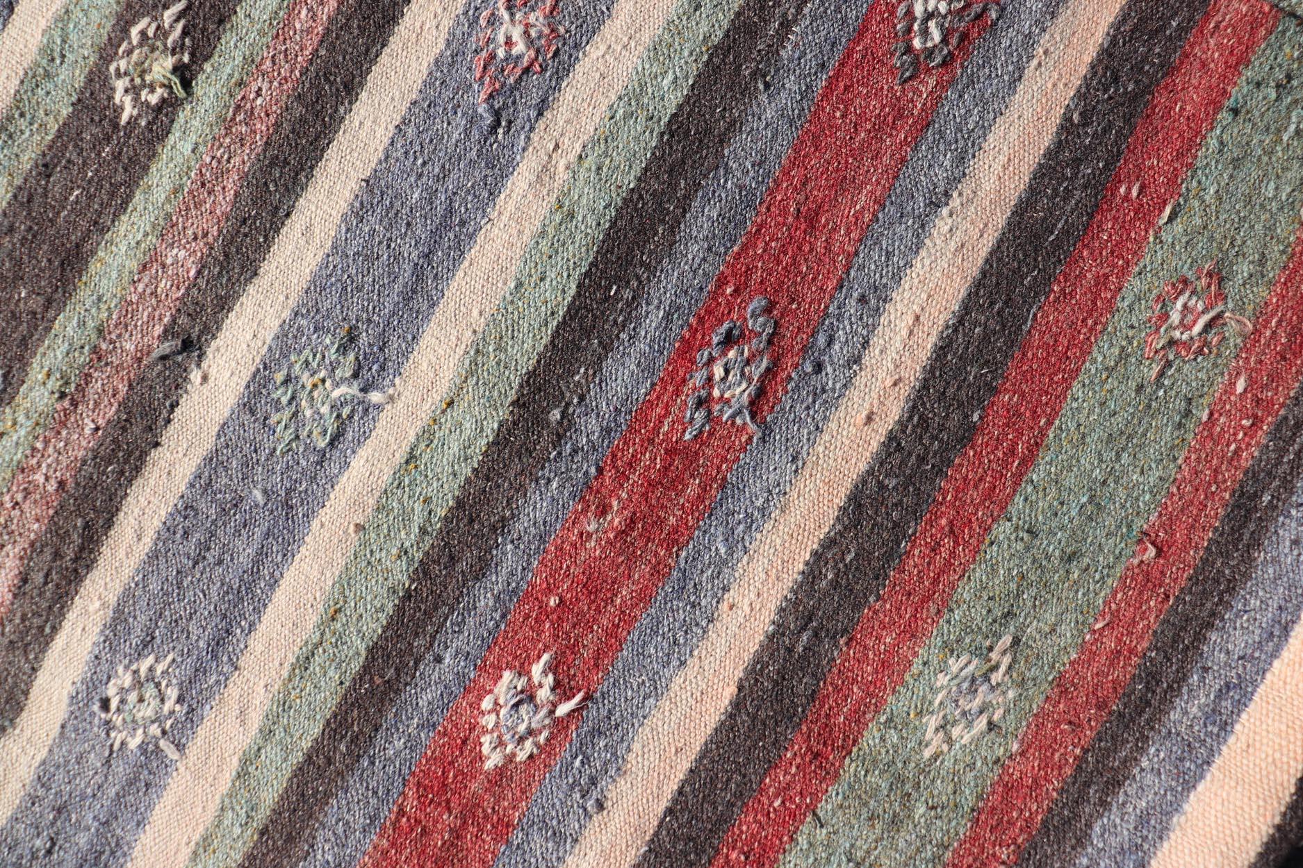 Turkish Vintage Kilim Striped Runner with Tribal Motifs in Copper and Greens  For Sale 4
