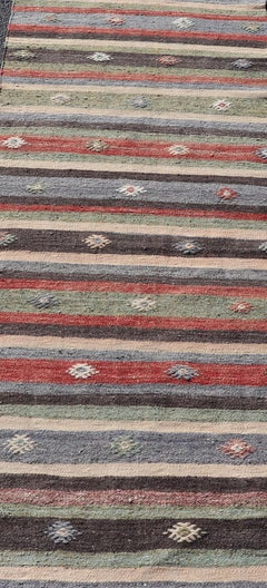 Turkish Vintage Kilim Striped Runner with Tribal Motifs in Copper and Greens