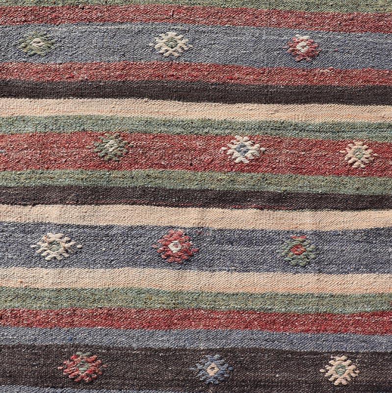 Turkish Vintage Kilim Striped Runner with Tribal Motifs in Copper and Greens  In Good Condition For Sale In Atlanta, GA