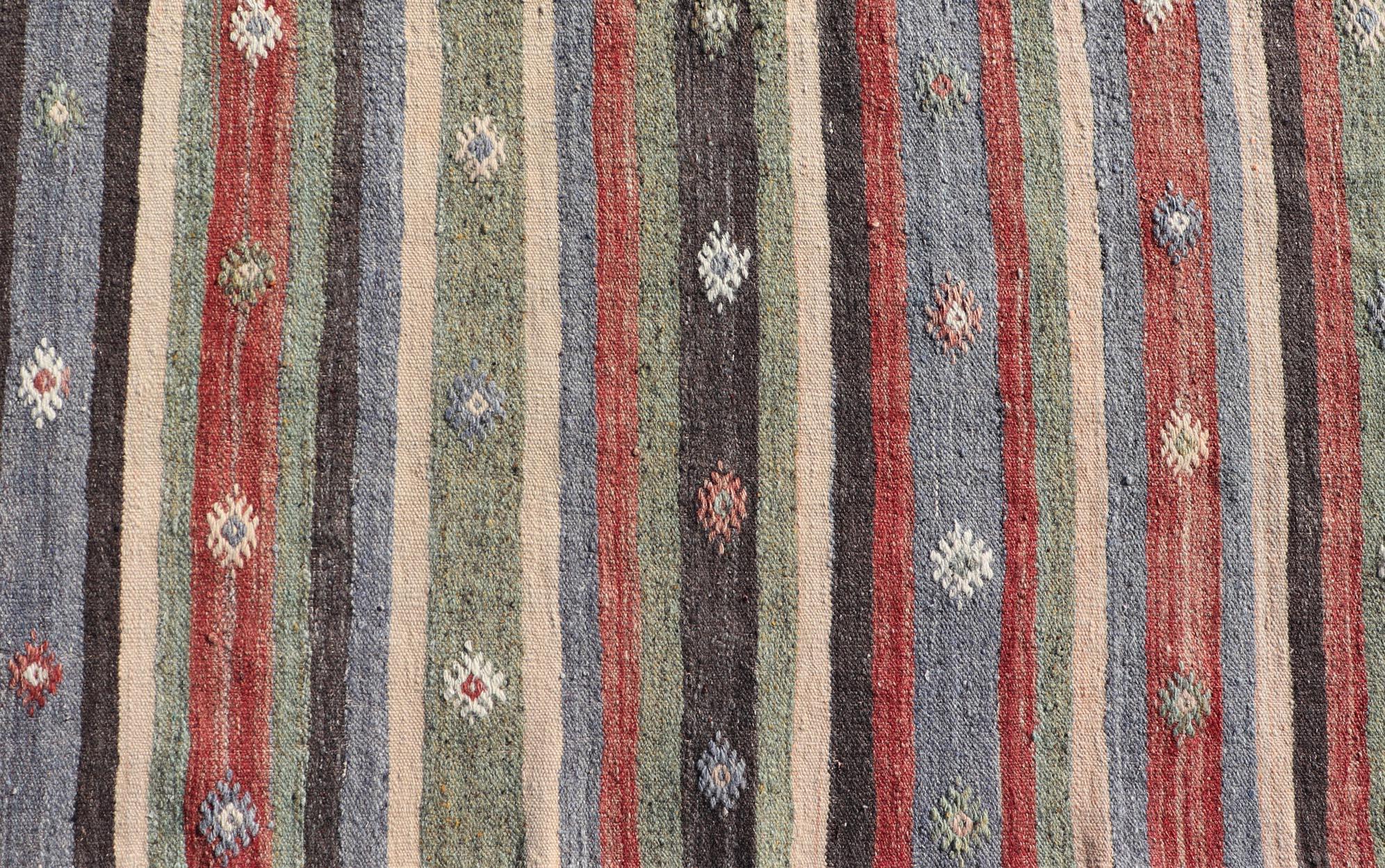 20th Century Turkish Vintage Kilim Striped Runner with Tribal Motifs in Copper and Greens  For Sale