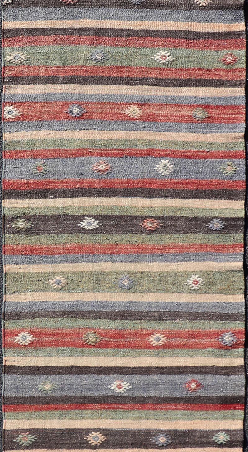 Turkish Vintage Kilim Striped Runner with Tribal Motifs in Copper and Greens  For Sale 2