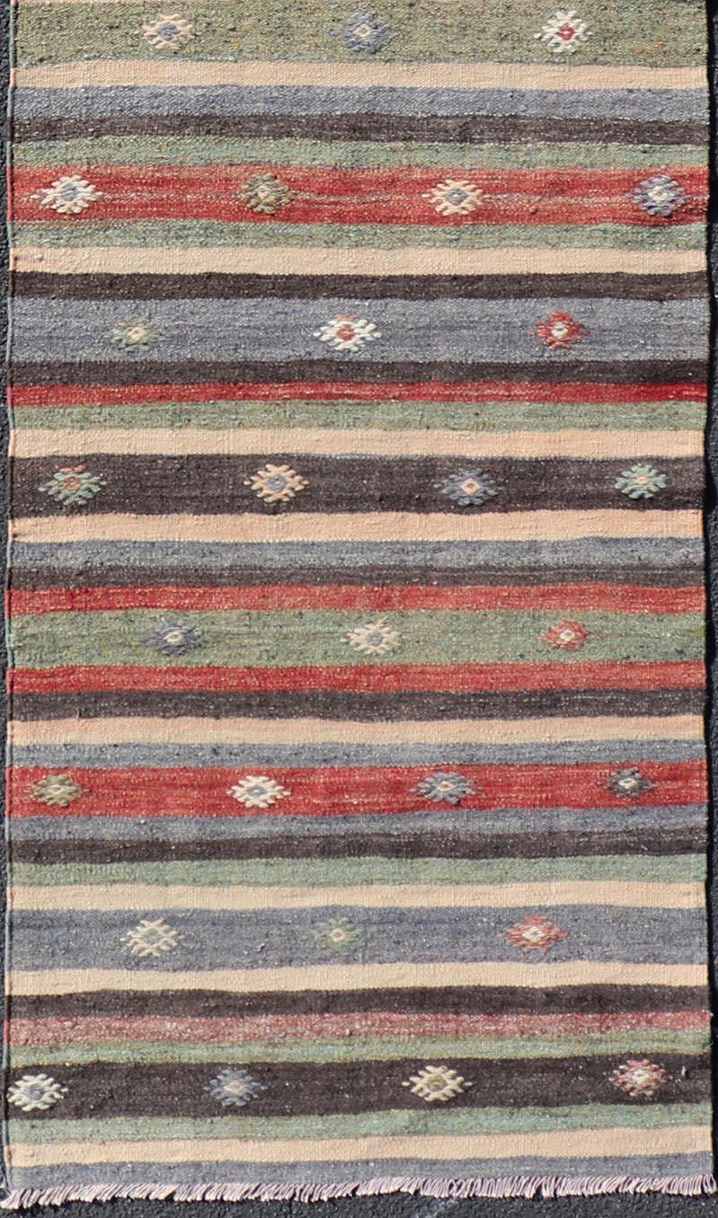 Turkish Vintage Kilim Striped Runner with Tribal Motifs in Copper and Greens  For Sale 3