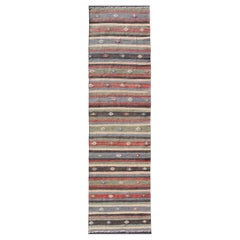 Turkish Vintage Kilim Striped Runner with Tribal Motifs in Copper and Greens