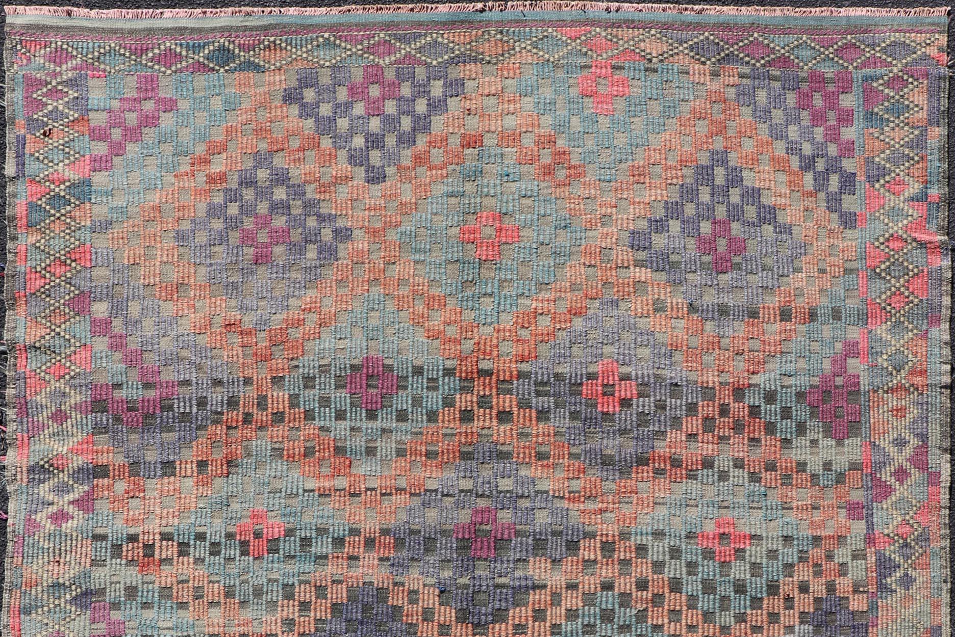 Measures: 6'5 x 7'1 
Turkish Vintage Kilim with All-Over Geometric Diamond Design in Multicolor. Keivan Woven Arts / rug TU-NED-4696, country of origin / type: Turkey / Kilim, circa Mid-20th Century.
This geometric embroidered flat weave from Turkey