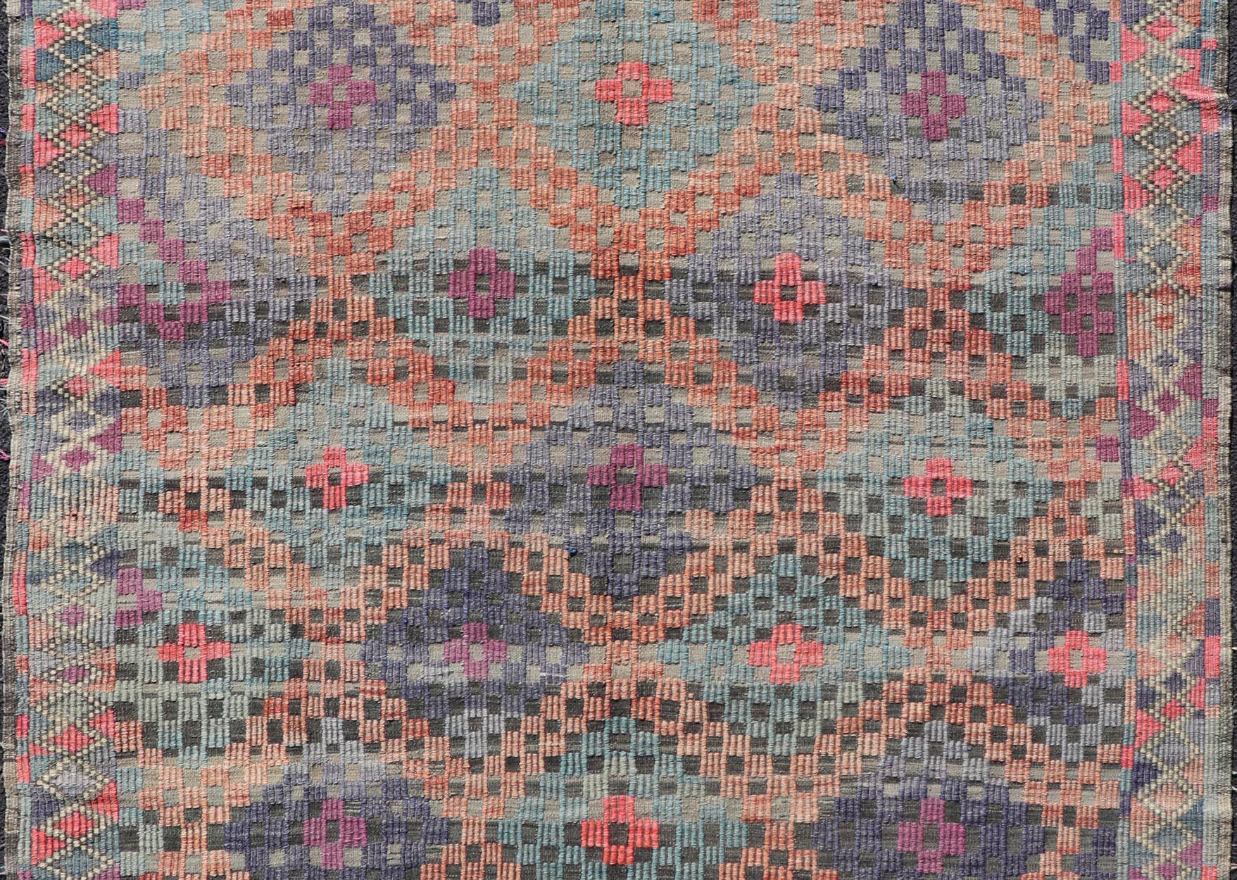 Hand-Woven Turkish Vintage Kilim with All-Over Geometric Diamond Design in Multicolor For Sale