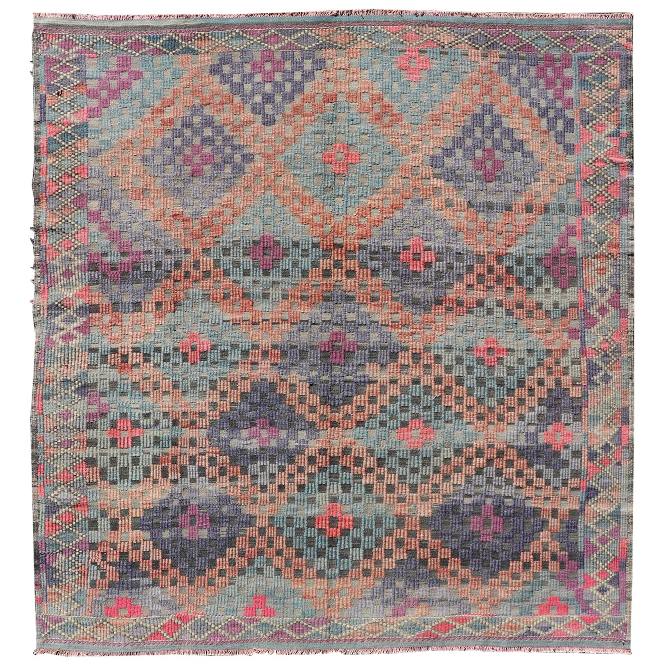 Kilim turco d'epoca con disegno geometrico a diamante multicolore in vendita