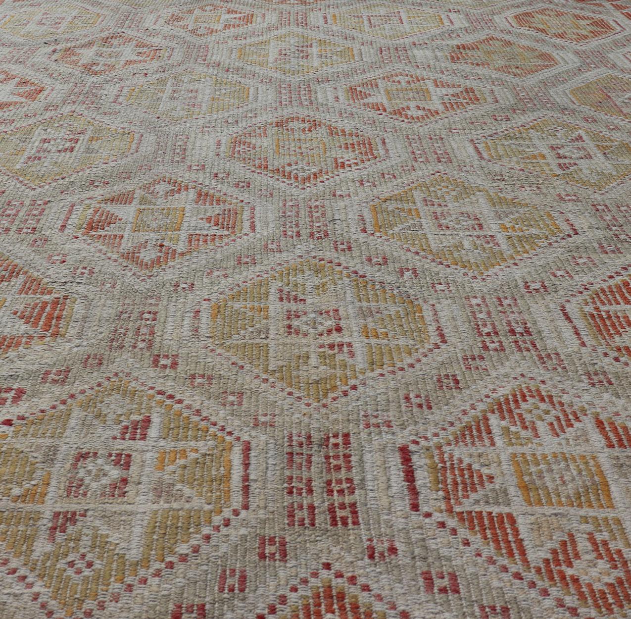 Turkish Vintage Kilim with All-Over Diamond Design With Orange & Yellow For Sale 4