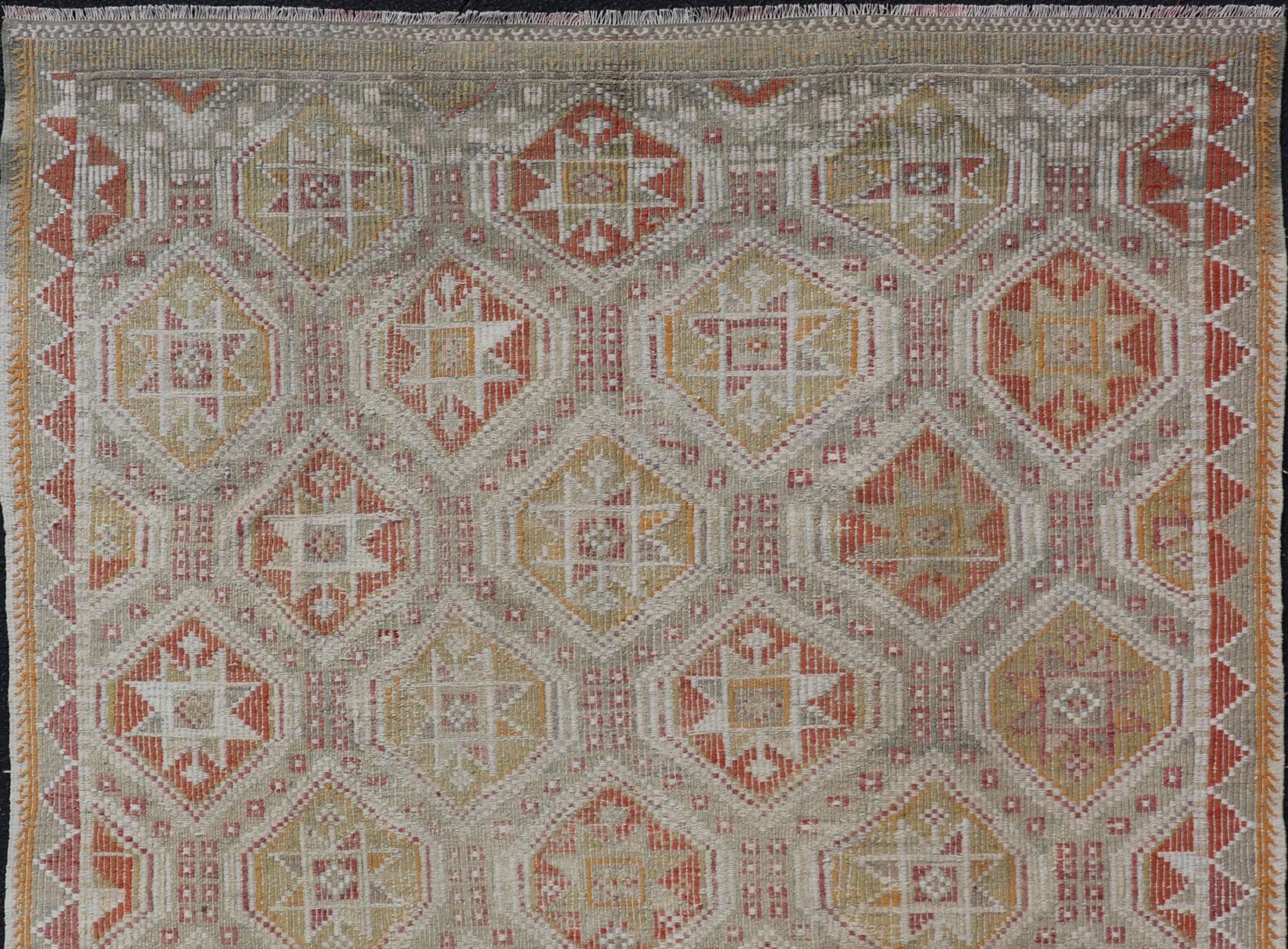 Turkish Vintage Kilim with All-Over Diamond Design With Orange & Yellow In Good Condition For Sale In Atlanta, GA