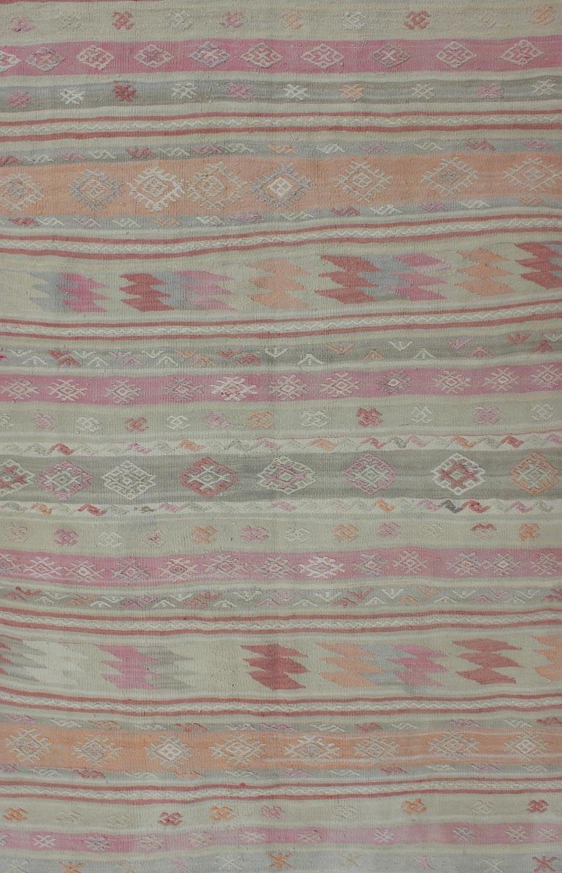 Hand-Woven Turkish Vintage Kilim with Assorted Stripe Design in a Variety of Soft Colors For Sale