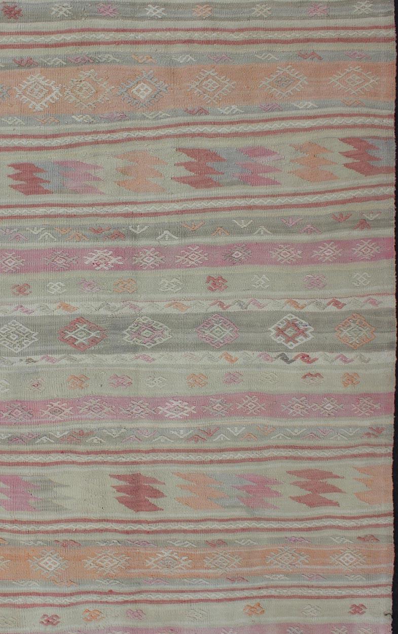 Turkish Vintage Kilim with Assorted Stripe Design in a Variety of Soft Colors In Good Condition For Sale In Atlanta, GA