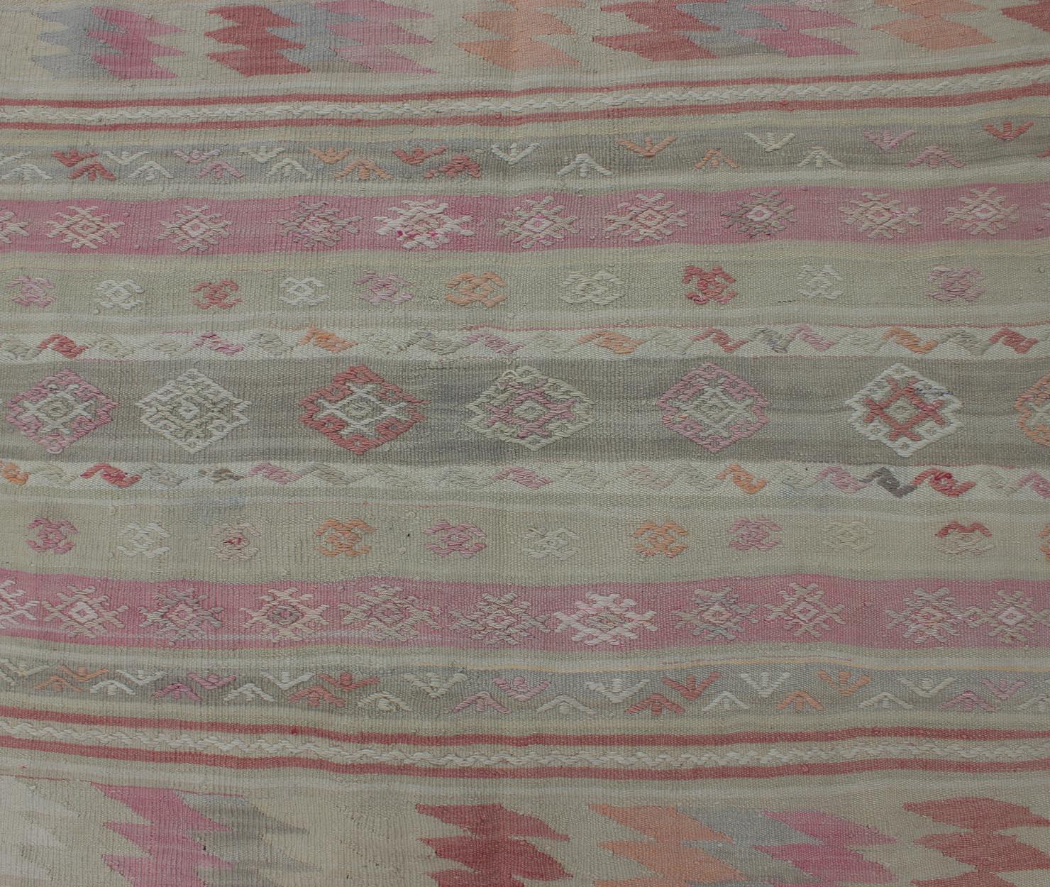 Wool Turkish Vintage Kilim with Assorted Stripe Design in a Variety of Soft Colors For Sale