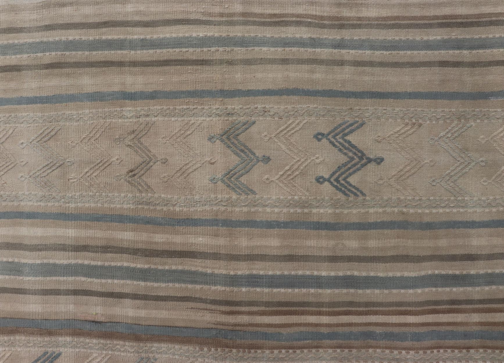 Turkish Vintage Kilim With Embroidered Motifs in Light Tan, Blue L. Brown For Sale 4