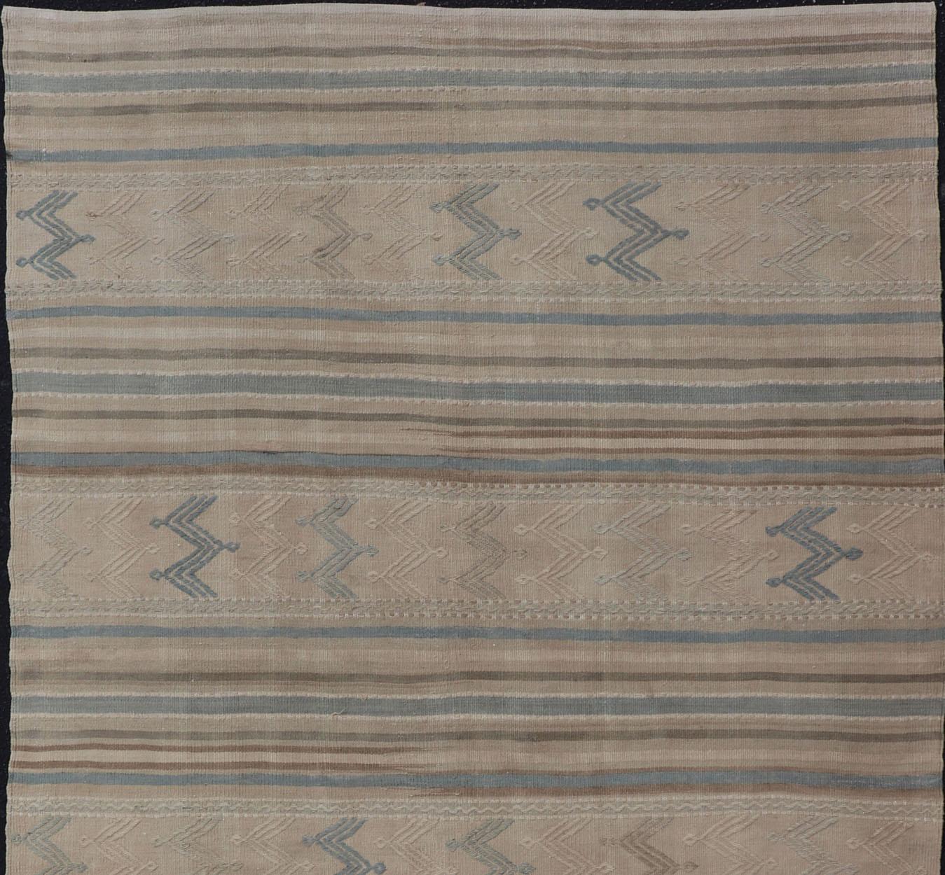 Hand-Woven Turkish Vintage Kilim With Embroidered Motifs in Light Tan, Blue L. Brown For Sale