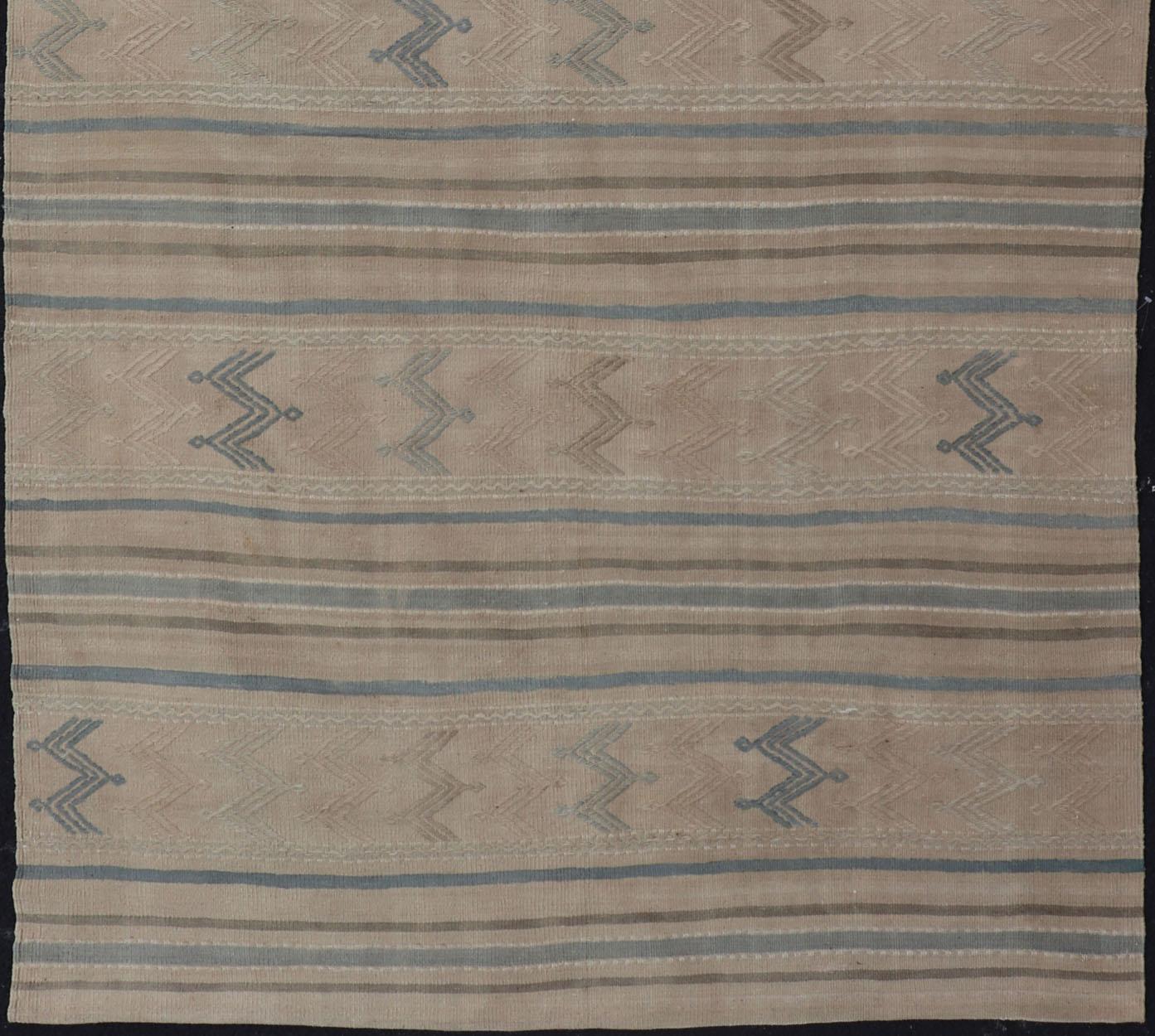20th Century Turkish Vintage Kilim With Embroidered Motifs in Light Tan, Blue L. Brown For Sale
