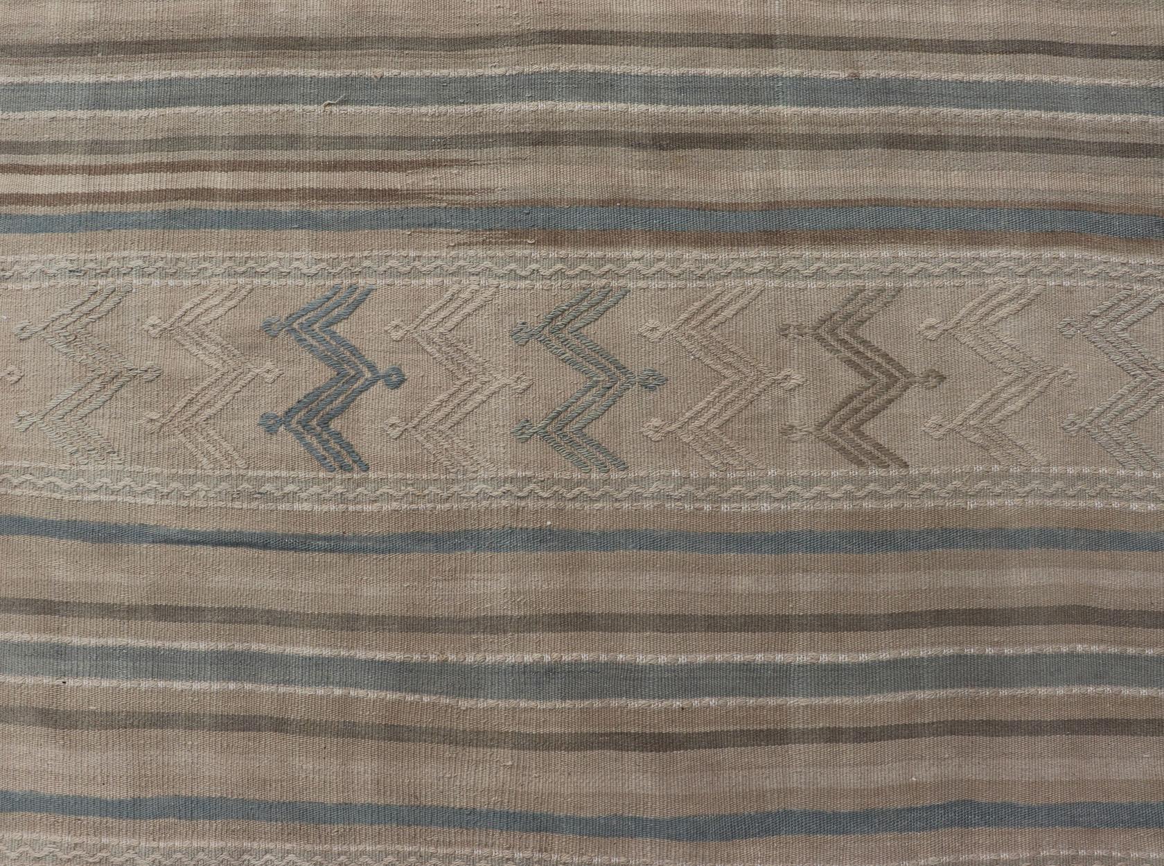 Turkish Vintage Kilim With Embroidered Motifs in Light Tan, Blue L. Brown For Sale 3