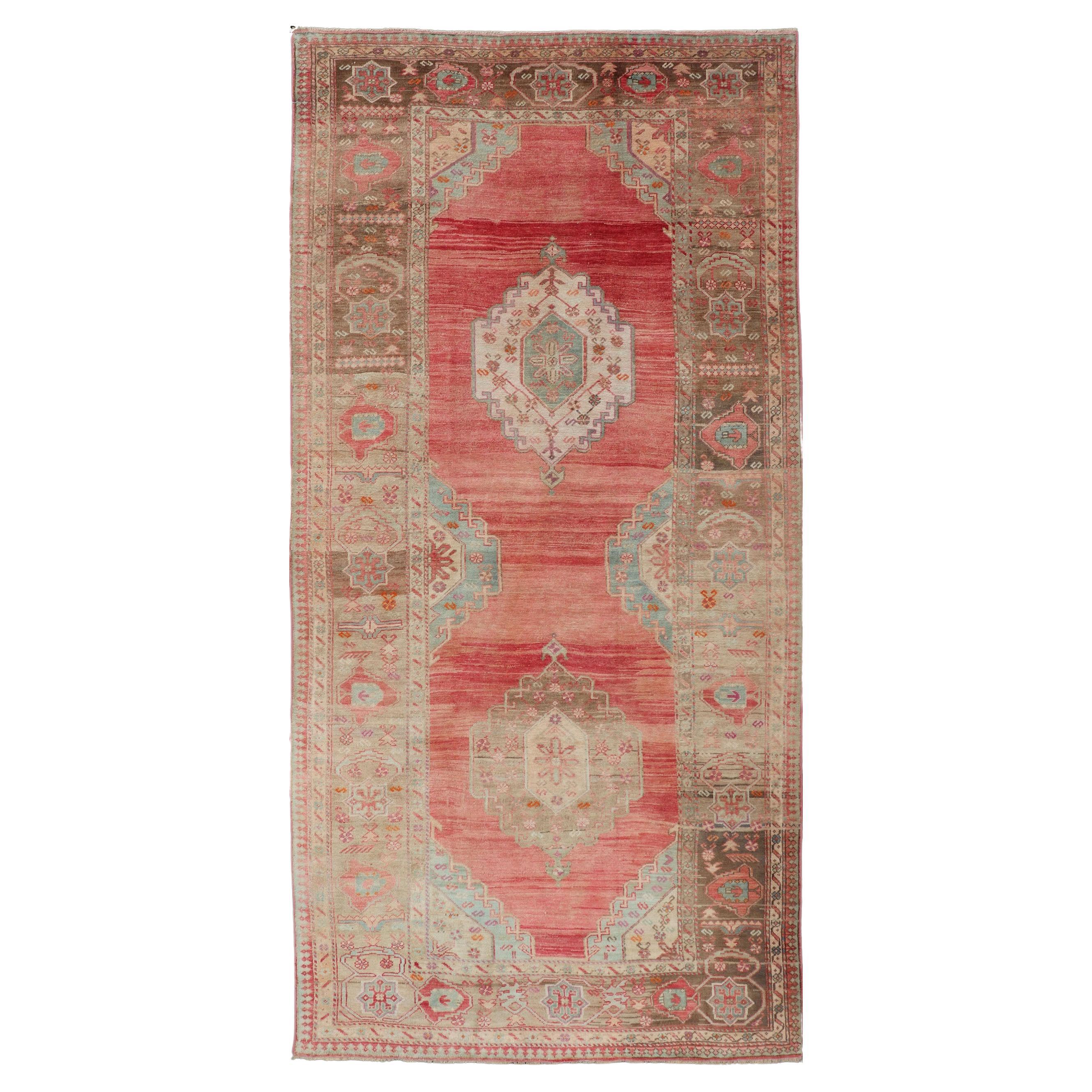 Turkish Vintage Oushak Gallery with Tribal Medallions in Coral, Lt. Green & Tan