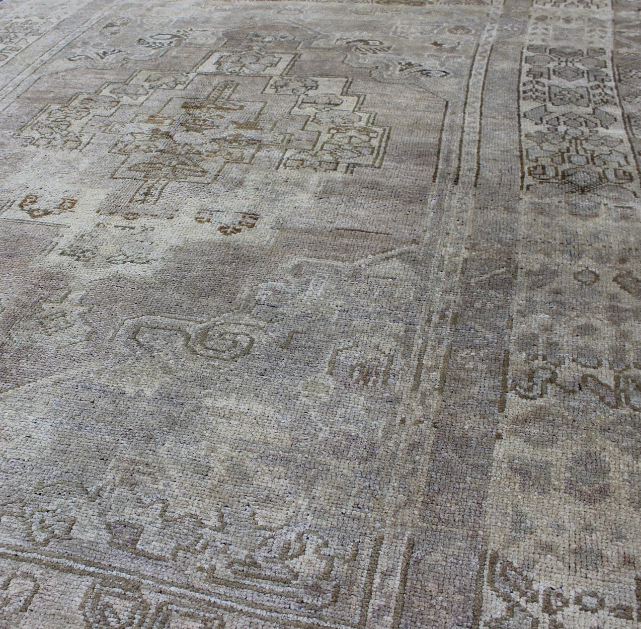 Wool Turkish Vintage Oushak Rug with Geometric Medallion Design in Taupe and Lavender