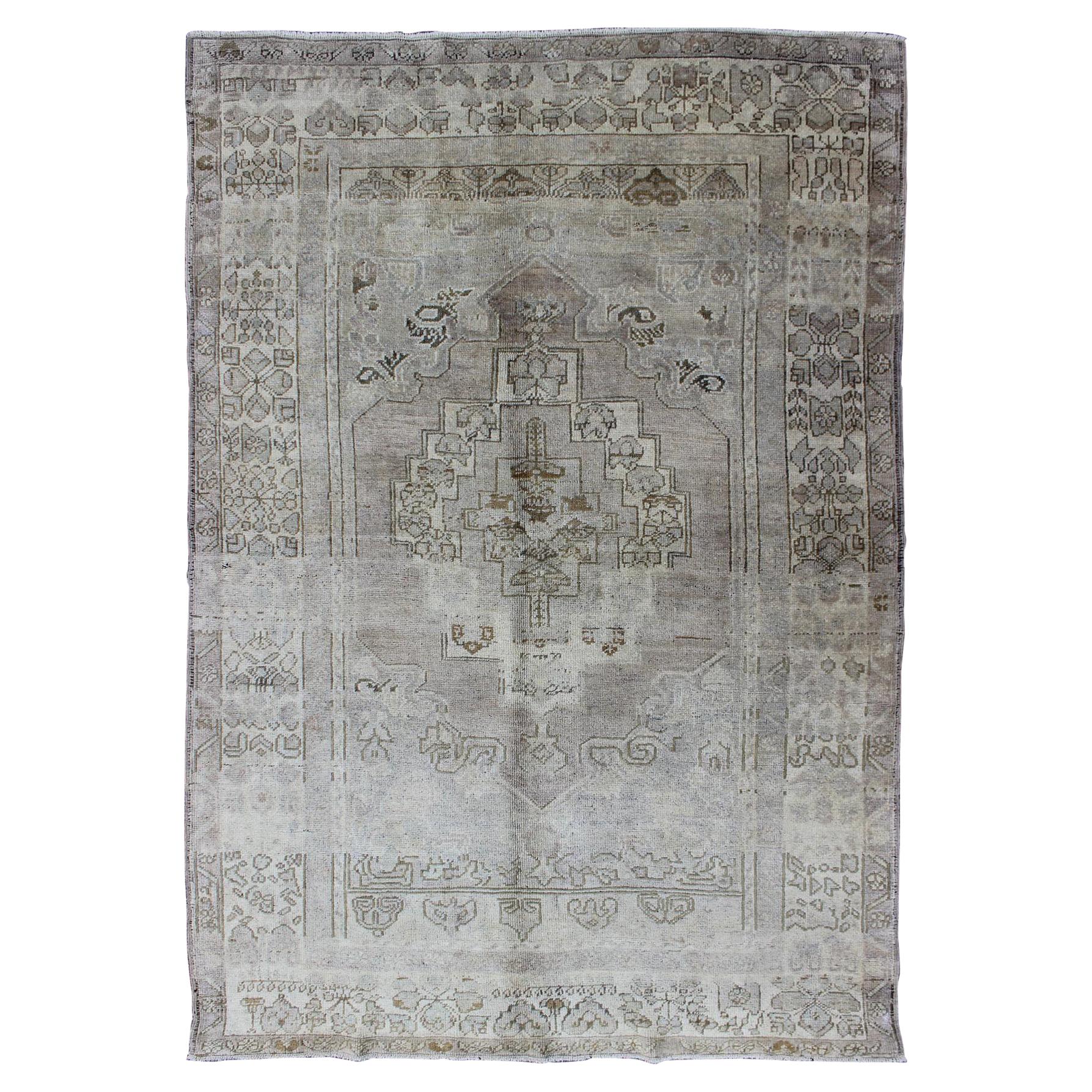 Turkish Vintage Oushak Rug with Geometric Medallion Design in Taupe and Lavender