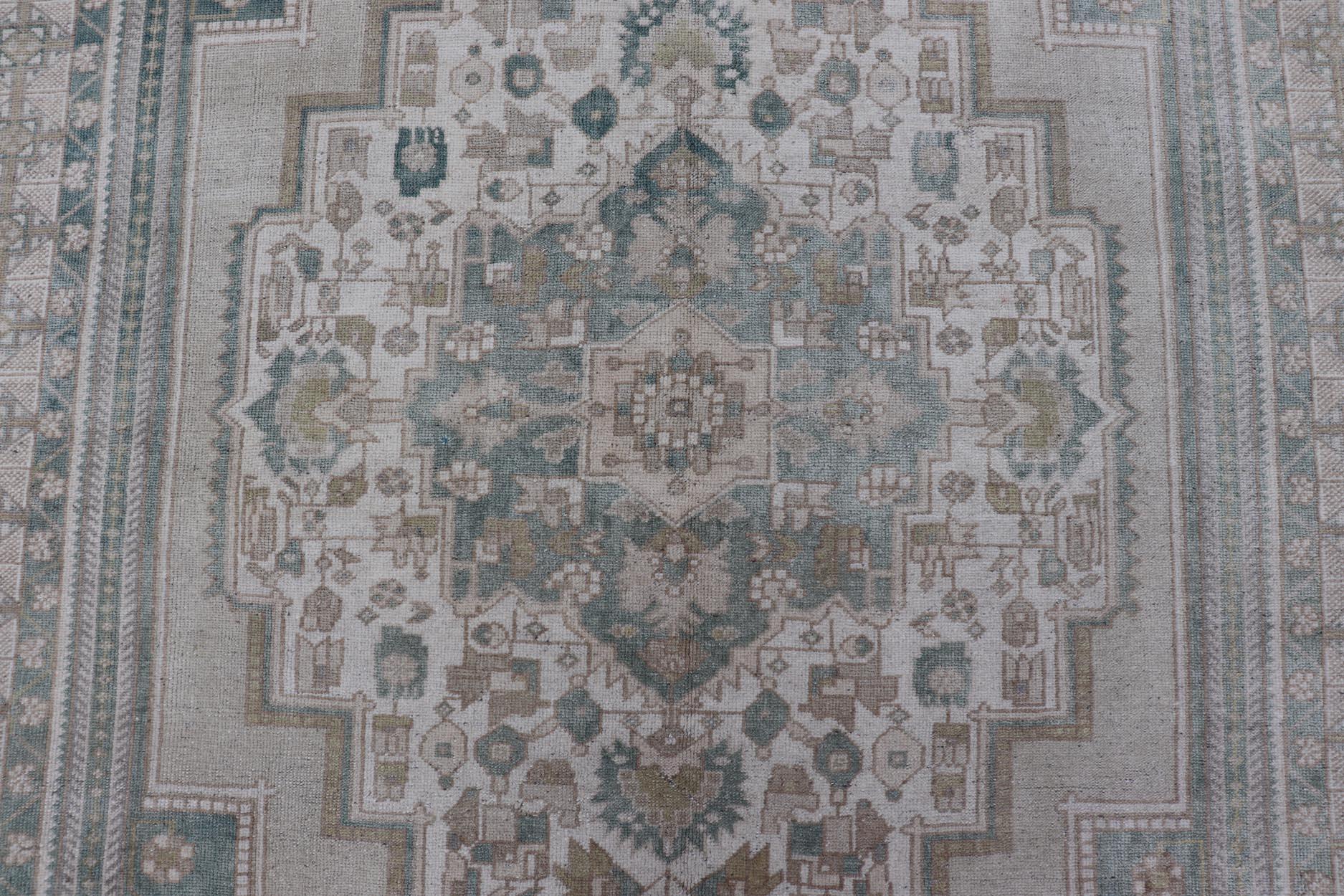 Turkish Vintage Oushak Rug With Medallion in Muted Light Green and Cream For Sale 5