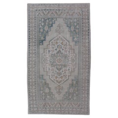 Turkish Vintage Oushak Rug With Medallion in Muted Light Green and Cream