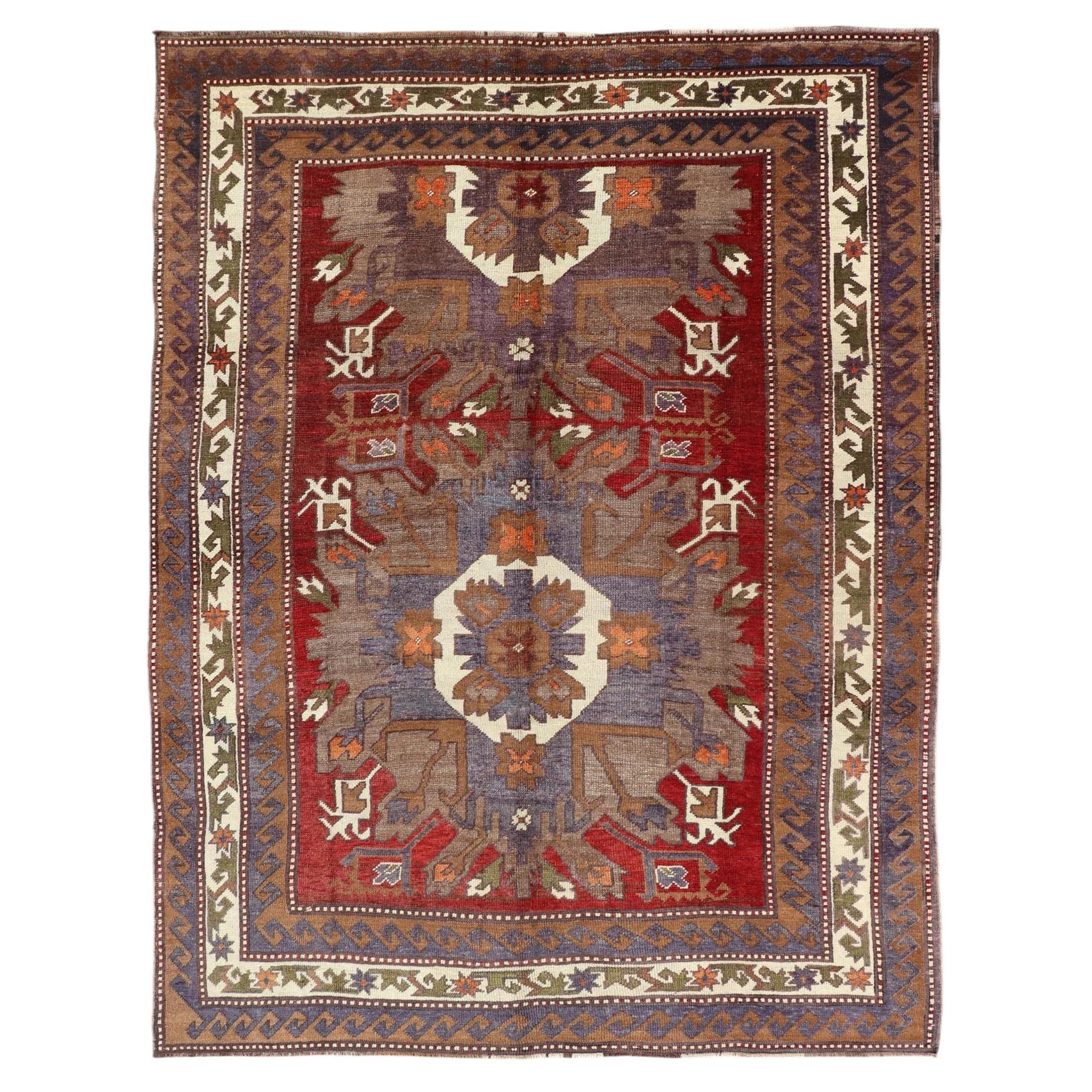 Turkish Vintage Oushak Rug with Medallions in Red, Taupe, Olive and Gray For Sale