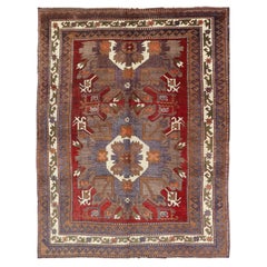 Turkish Vintage Oushak Rug with Medallions in Red, Taupe, Olive and Gray