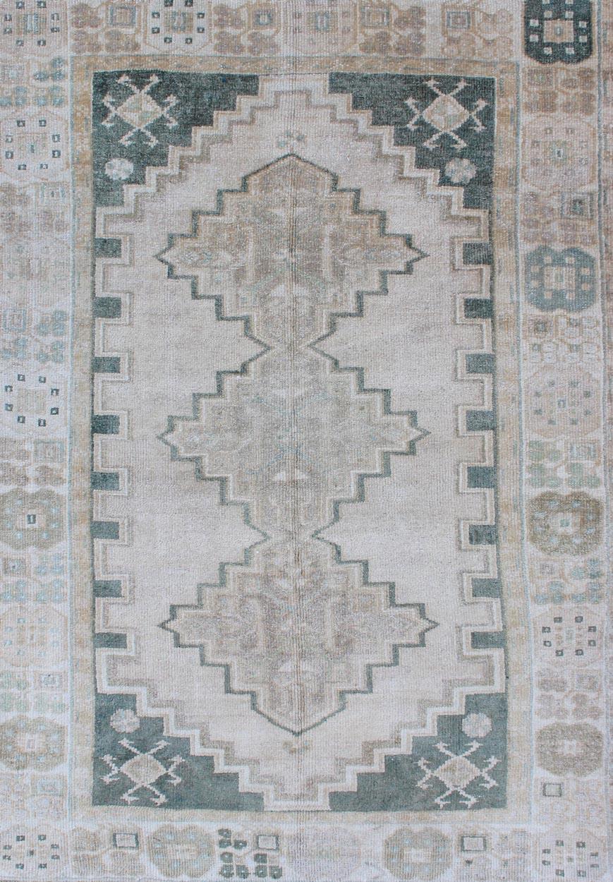 Turkish Vintage Oushak Rug with Tribal Pattern in Gray Green and Neutral Tones In Good Condition In Atlanta, GA