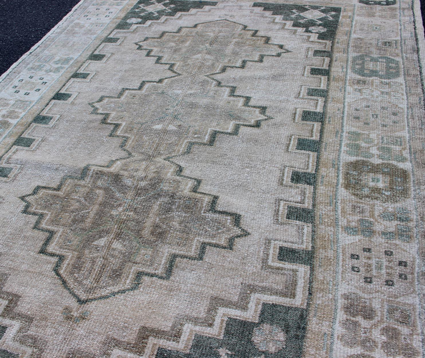 20th Century Turkish Vintage Oushak Rug with Tribal Pattern in Gray Green and Neutral Tones