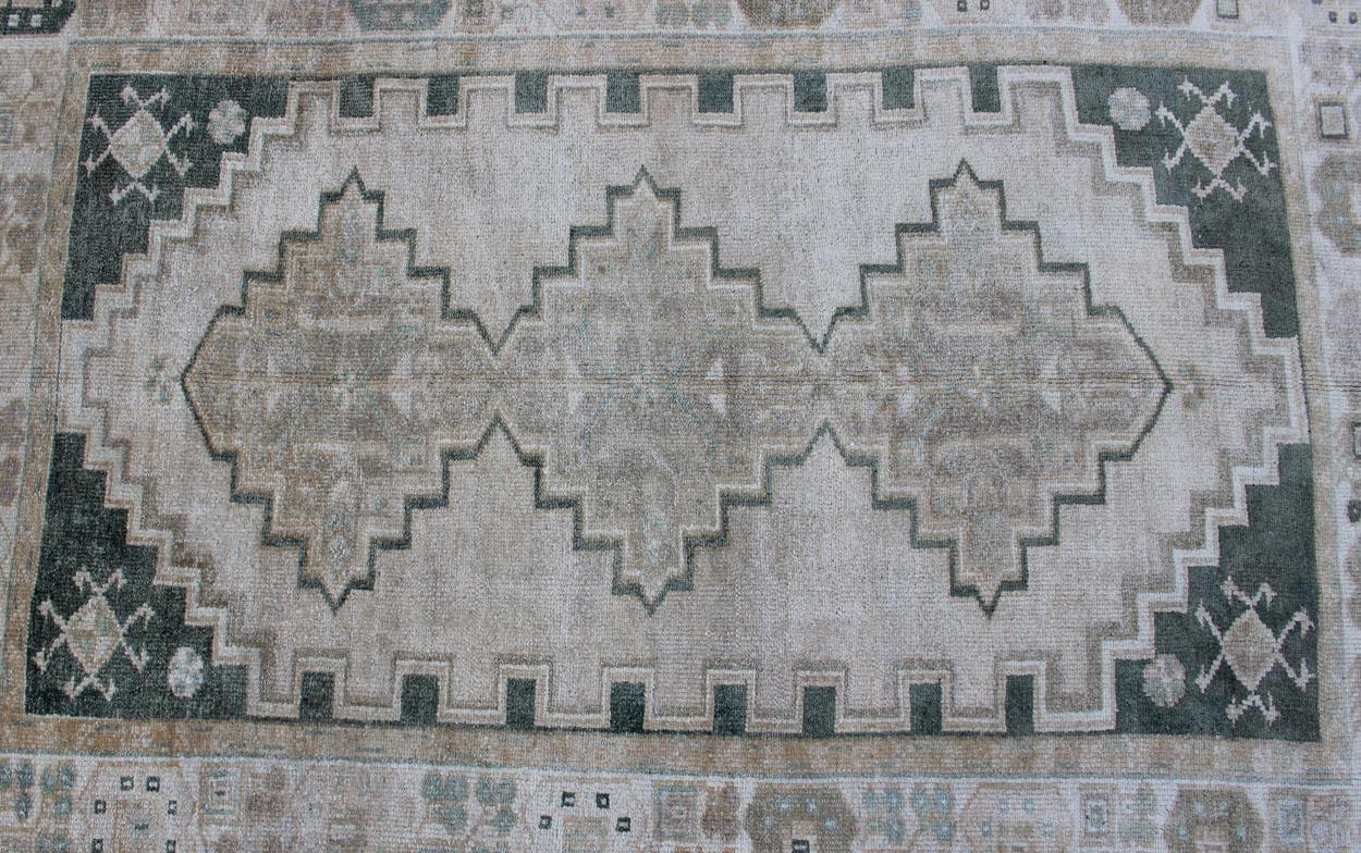 Turkish Vintage Oushak Rug with Tribal Pattern in Gray Green and Neutral Tones 1