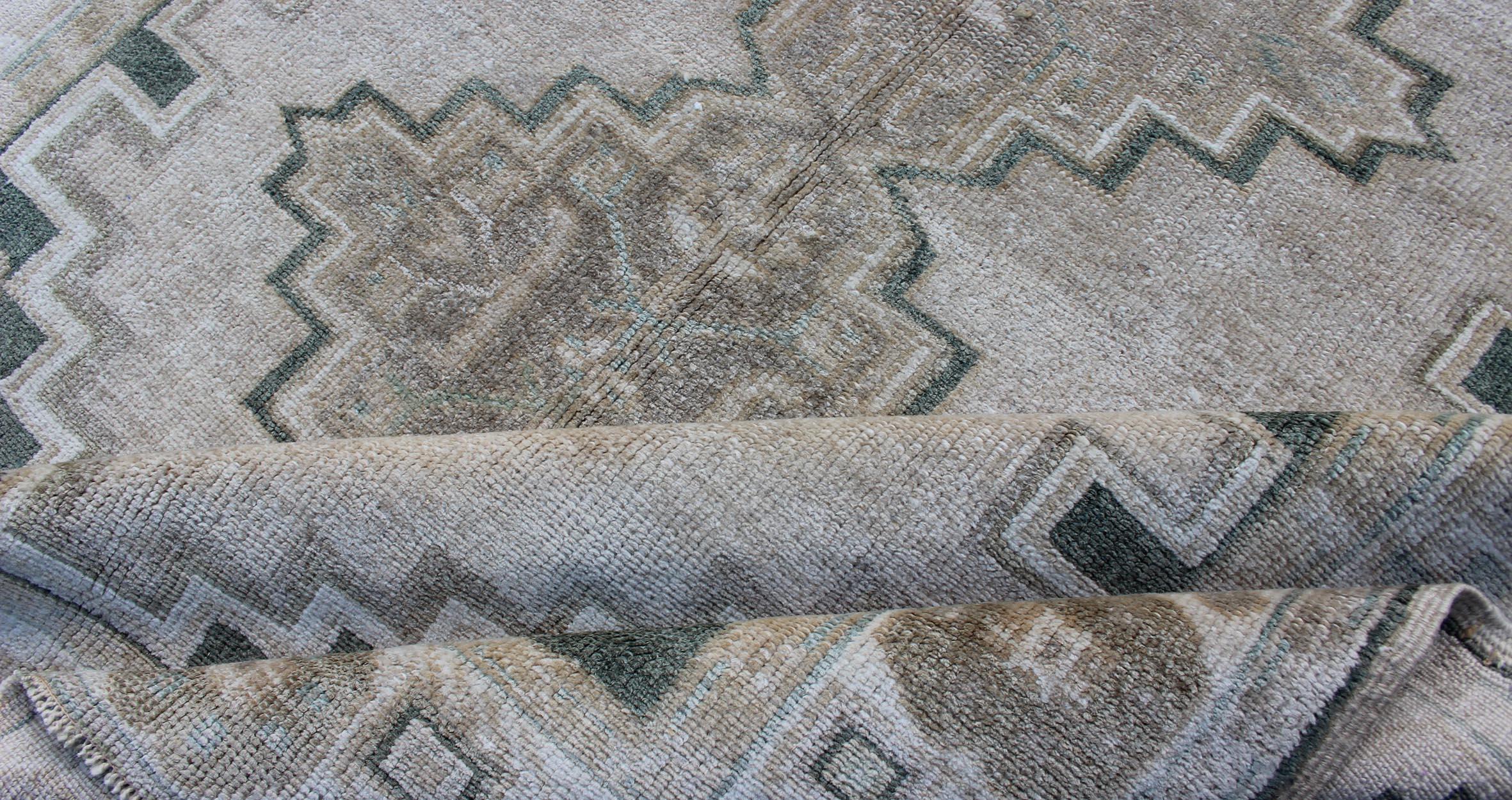 Turkish Vintage Oushak Rug with Tribal Pattern in Gray Green and Neutral Tones 2