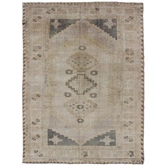 Turkish Vintage Oushak Rug with Tribal Pattern in Gray Green and Neutral Tones