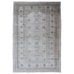 Turkish Vintage Oushak Rug with Tribal Pattern in Gray Green and Neutral Tones