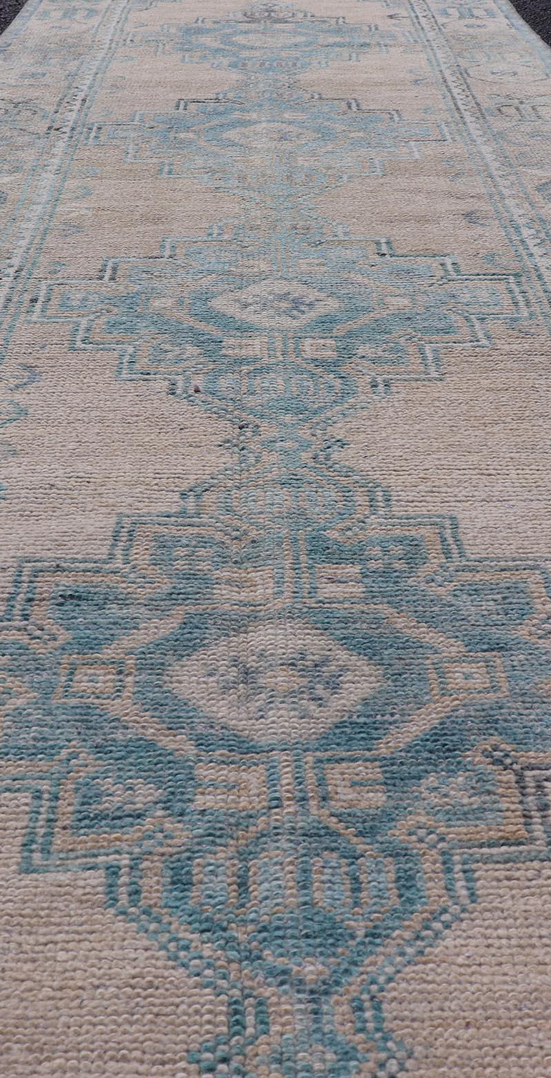 Turkish Vintage Oushak Runner with Geometric Medallion Design in Blues and Beige For Sale 6