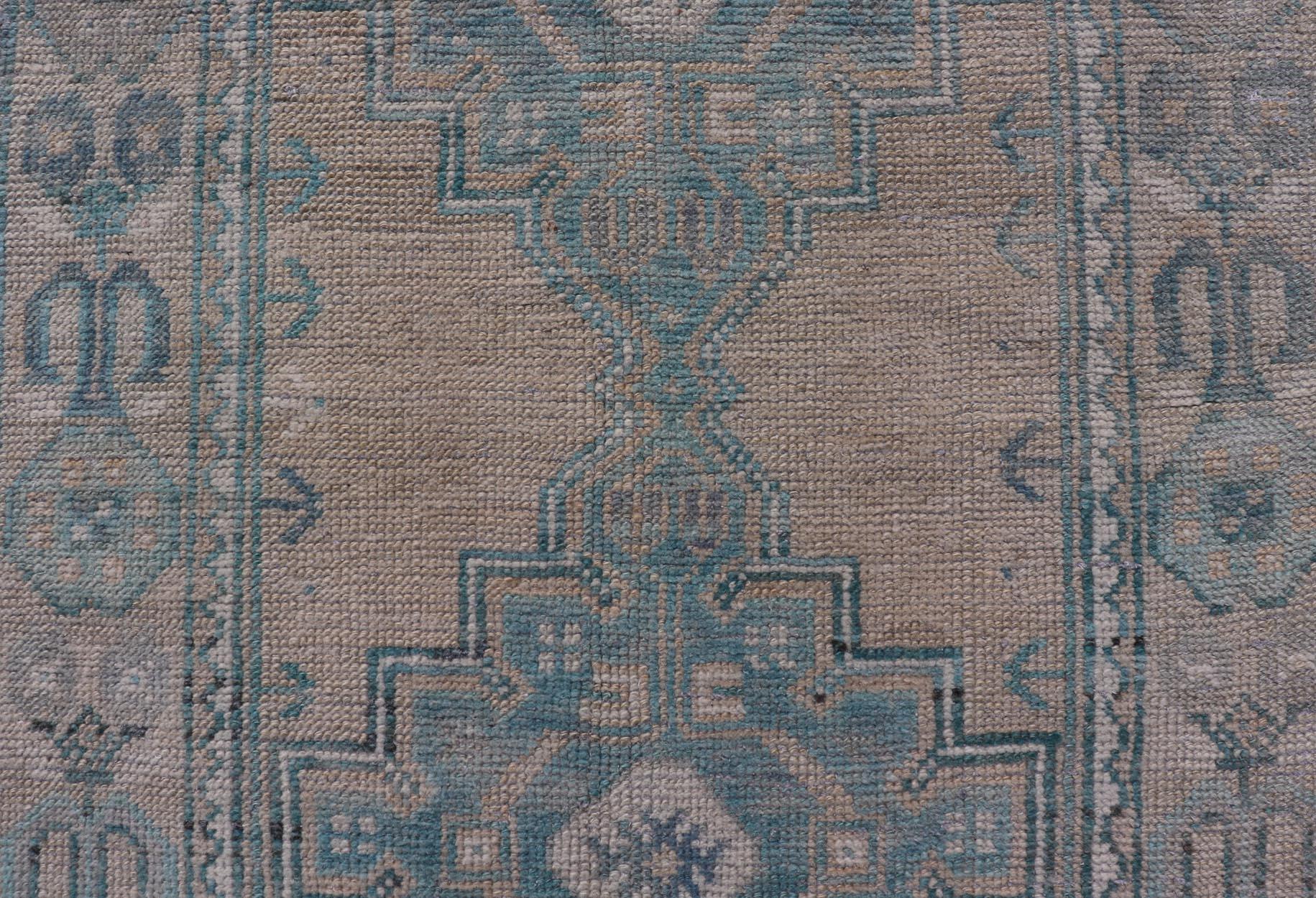 Turkish Vintage Oushak Runner with Geometric Medallion Design in Blues and Beige For Sale 7