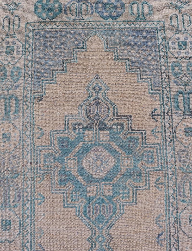 Turkish Vintage Oushak Runner with Geometric Medallion Design in Blues and Beige In Good Condition For Sale In Atlanta, GA