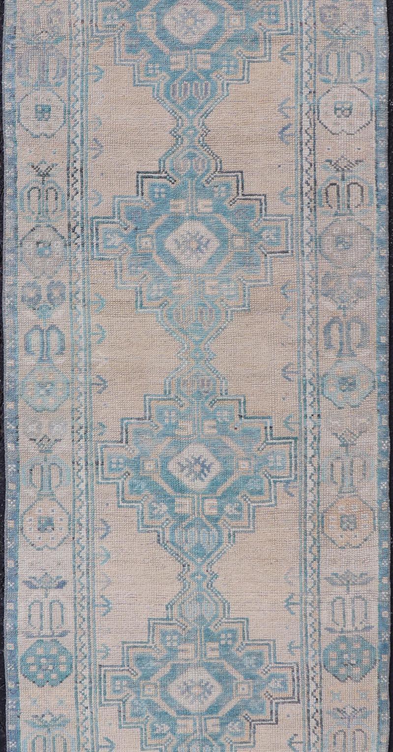 Wool Turkish Vintage Oushak Runner with Geometric Medallion Design in Blues and Beige For Sale