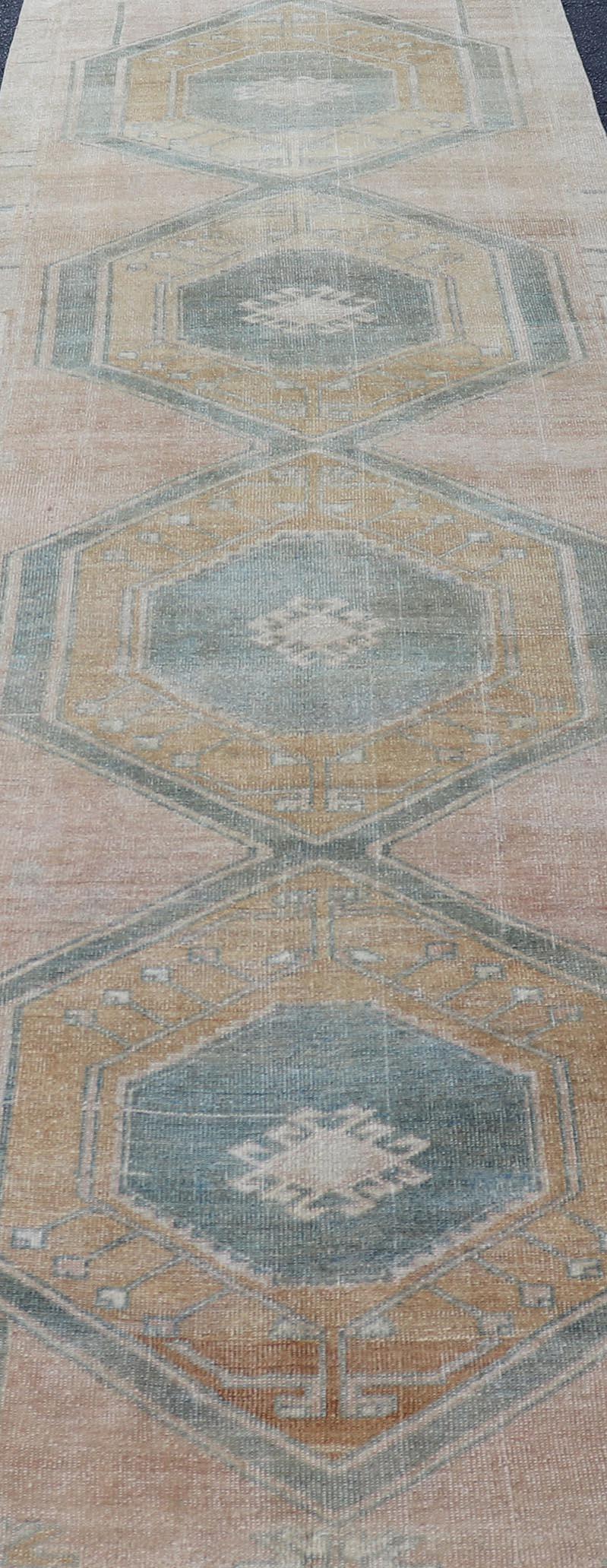 Turkish Vintage Oushak Runner With Medallions and Soft Pastel Colors 3'6 x 12'6 For Sale 4
