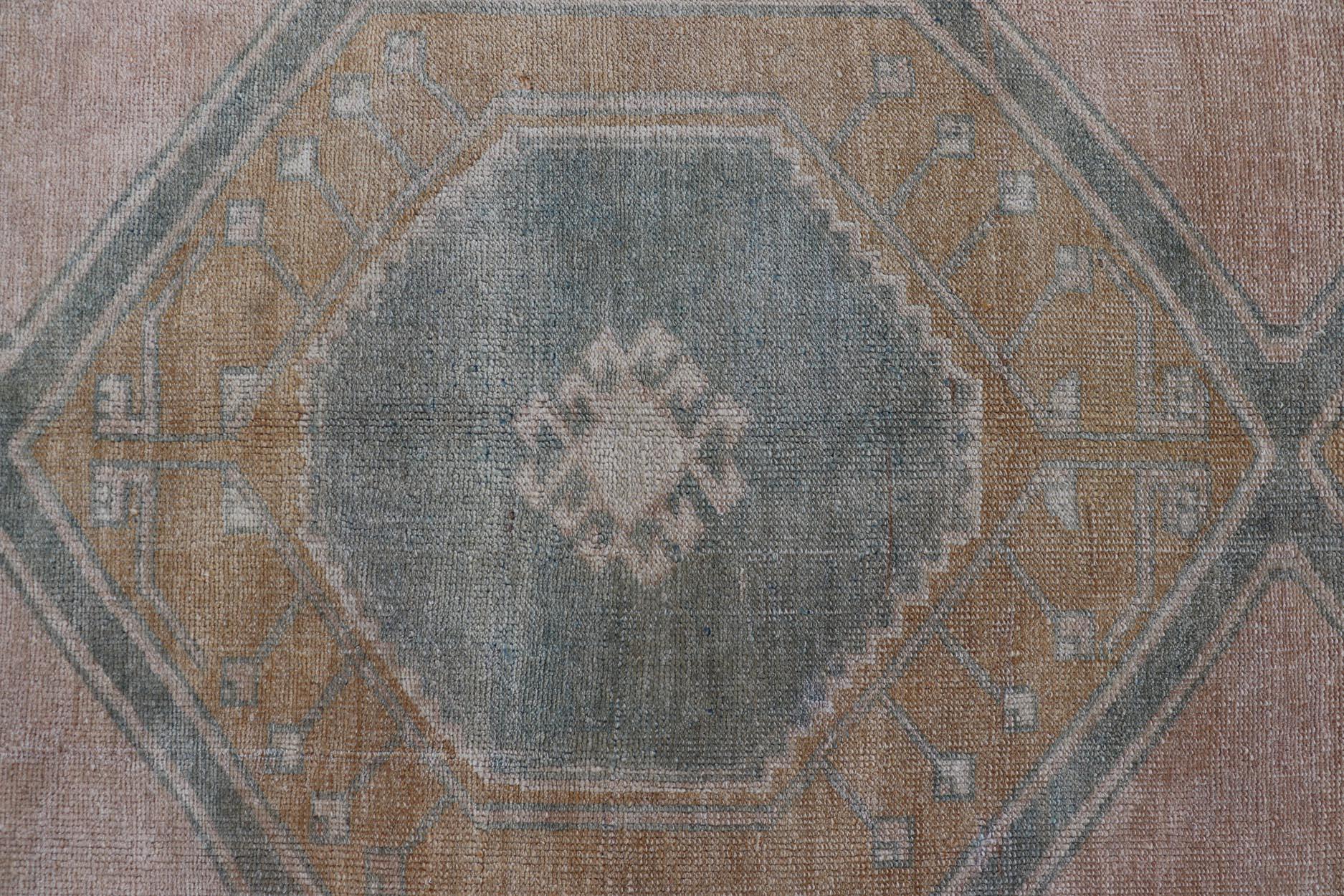 Hand-Knotted Turkish Vintage Oushak Runner With Medallions and Soft Pastel Colors 3'6 x 12'6 For Sale