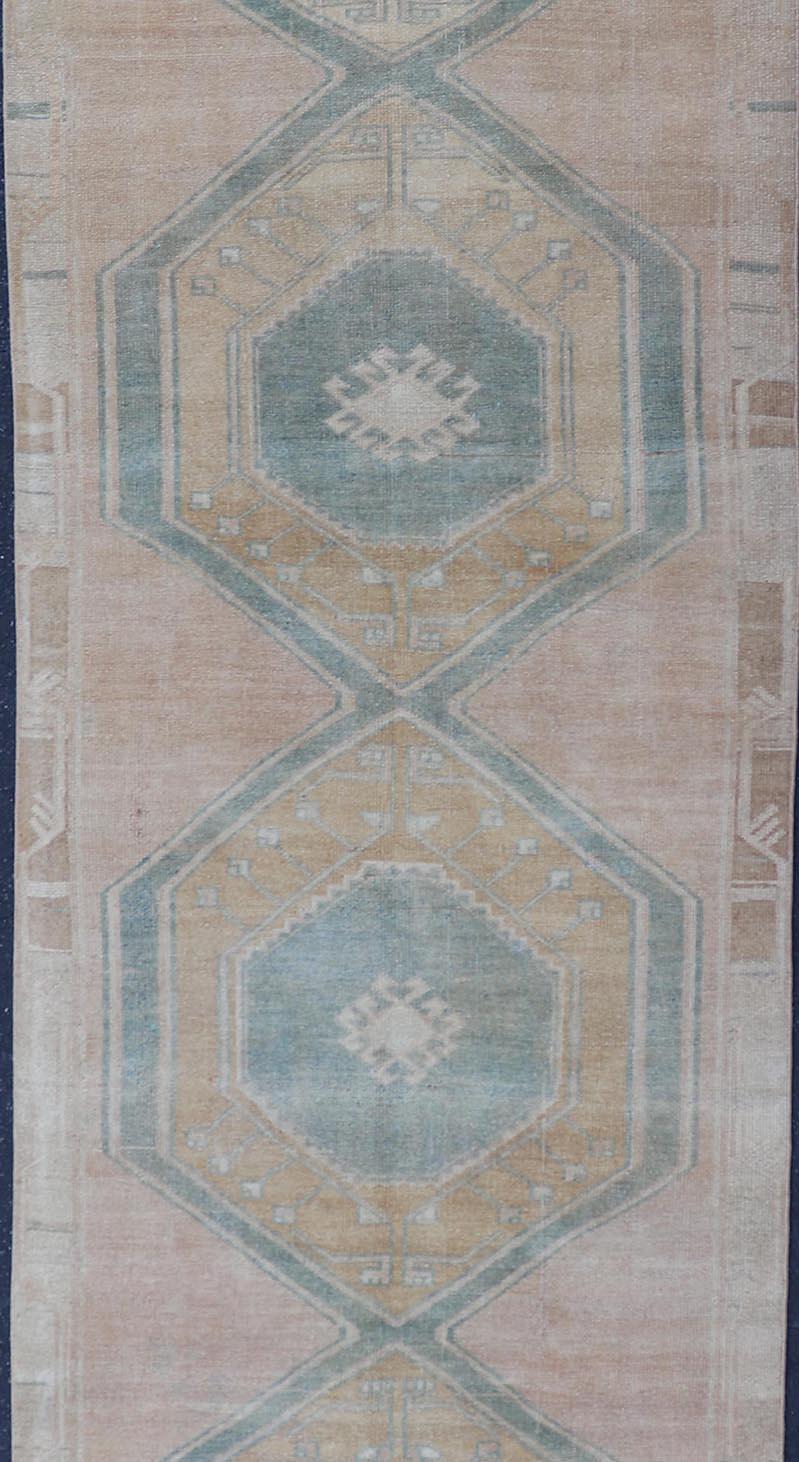 Wool Turkish Vintage Oushak Runner With Medallions and Soft Pastel Colors 3'6 x 12'6 For Sale