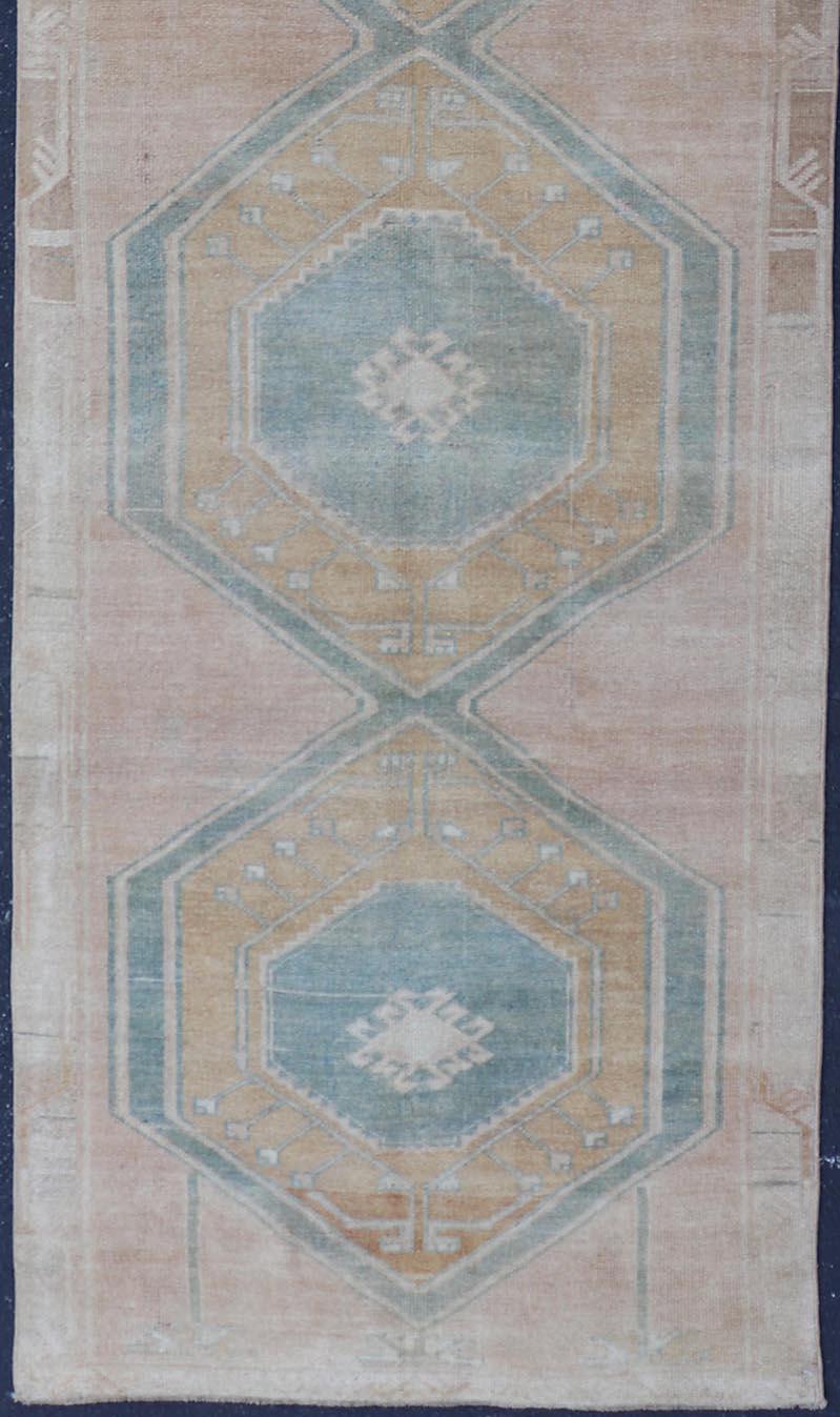 Turkish Vintage Oushak Runner With Medallions and Soft Pastel Colors 3'6 x 12'6 For Sale 1
