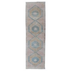 Turkish Vintage Oushak Runner With Medallions and Soft Pastel Colors 3'6 x 12'6