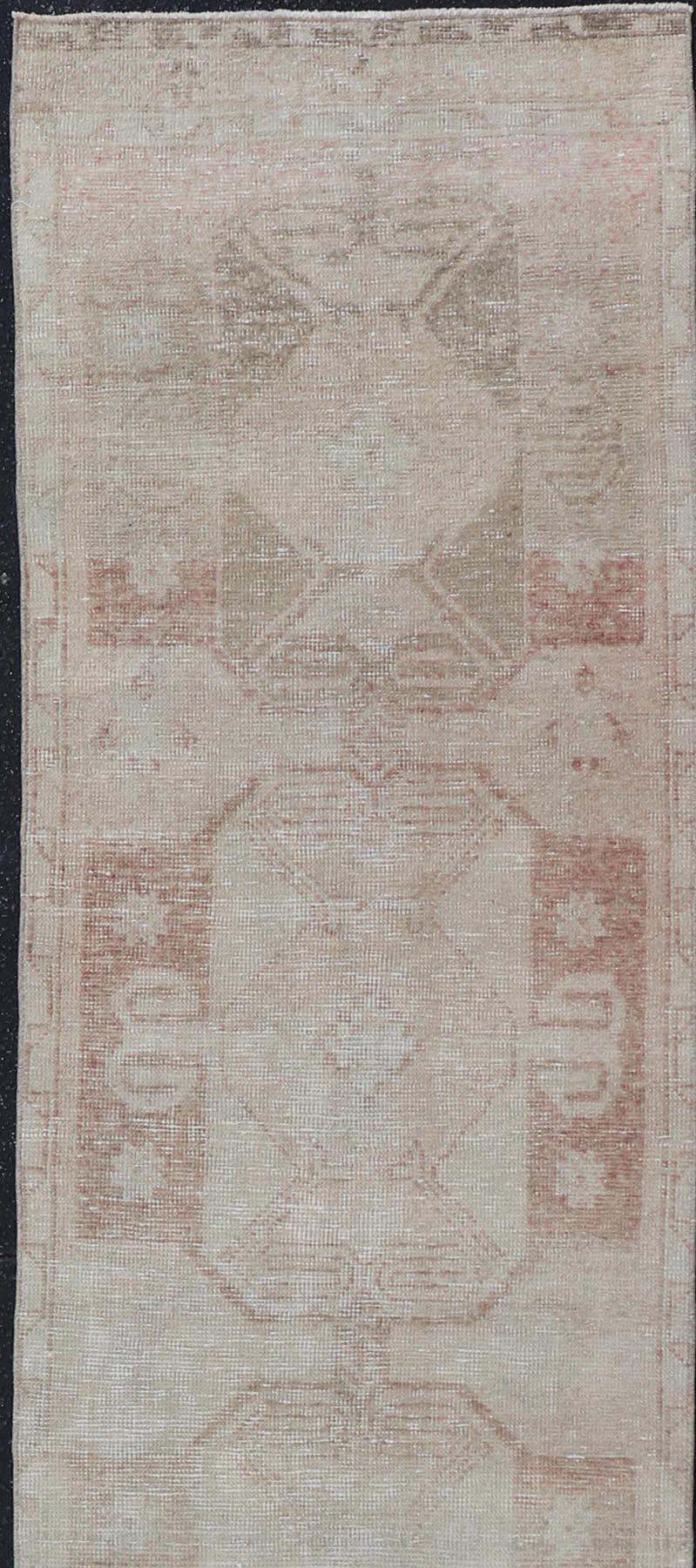 Wool Turkish Vintage Oushak Runner With Muted Geometric Medallions 2'7