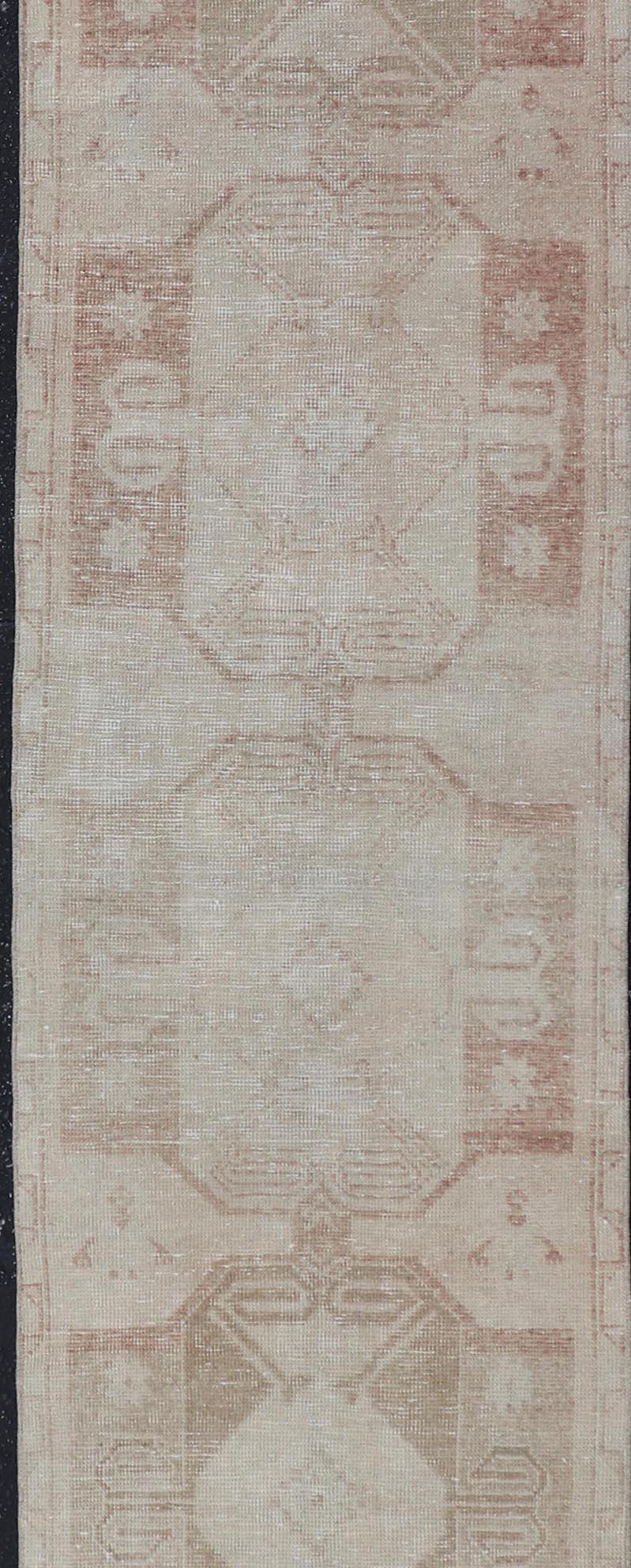 Turkish Vintage Oushak Runner With Muted Geometric Medallions 2'7