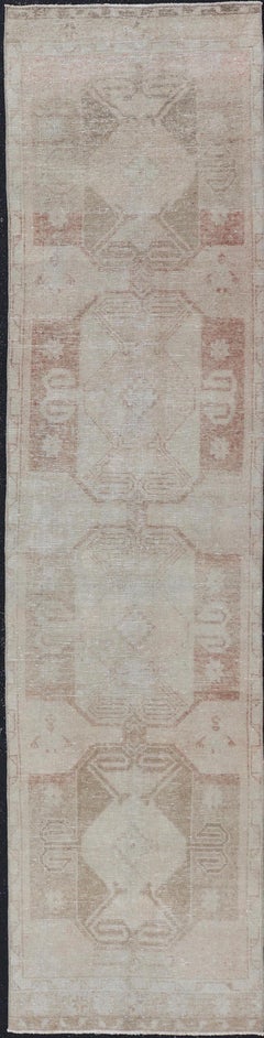 Turkish Vintage Oushak Runner With Muted Geometric Medallions 2'7" X11'4"