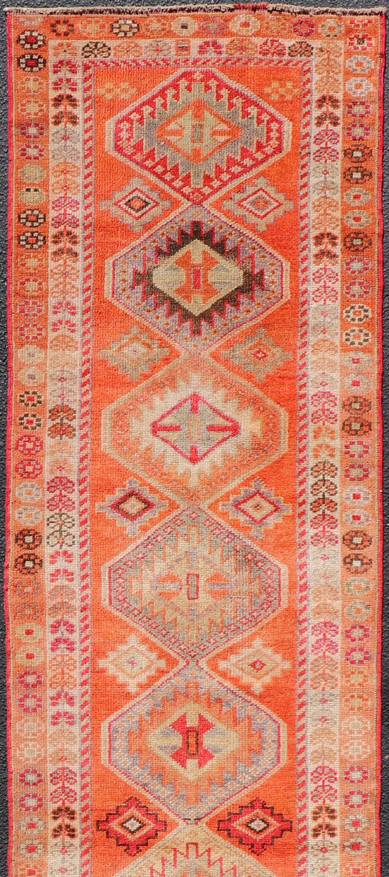 Hand-Knotted Turkish Vintage Oushak Runner with Tribal Medallion Design in Orange and Ivory For Sale